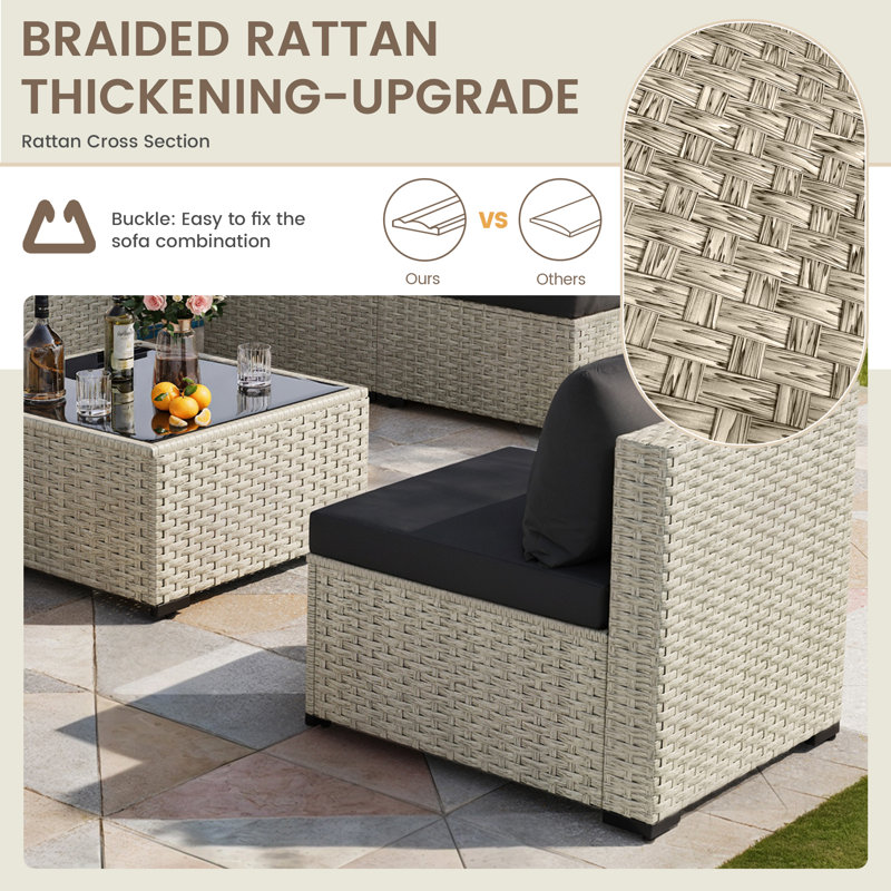 3 Pieces Rattan Patio Sofa With Cushions, Black