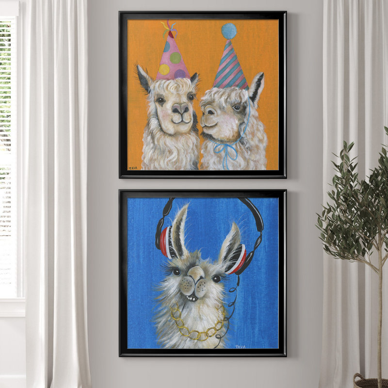 Llama Party - ensemble de 2 reproductions d'art graphique, H 34,5 po x l 69 po x P 1,5 po, Toile encadrée noire, Pas de tapis