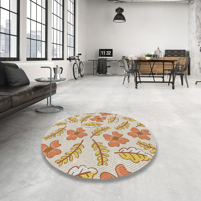 Tapis beige/orange à motifs, Rond 5 pi