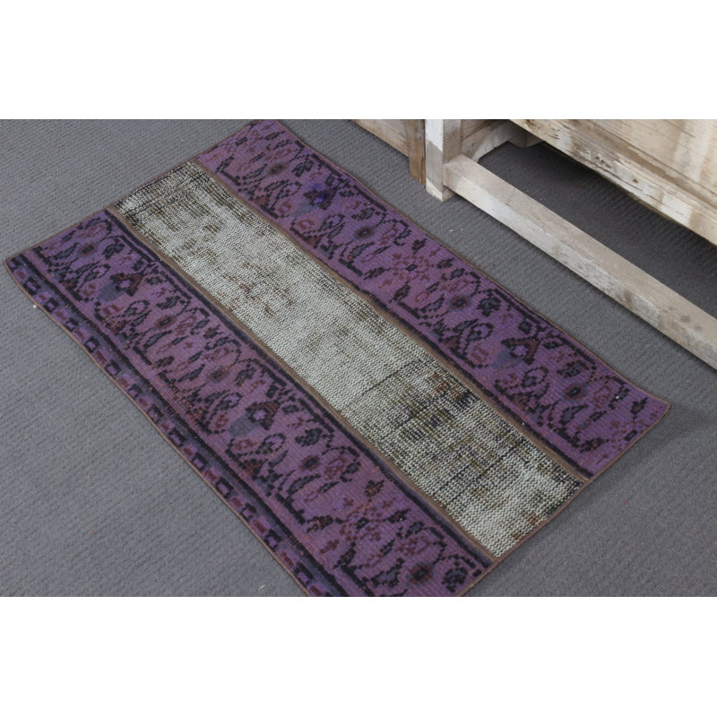 Hand-Knotted Overdyed Vintage Turkish Patchwork Rug in Brown Wool for Small Entry Space