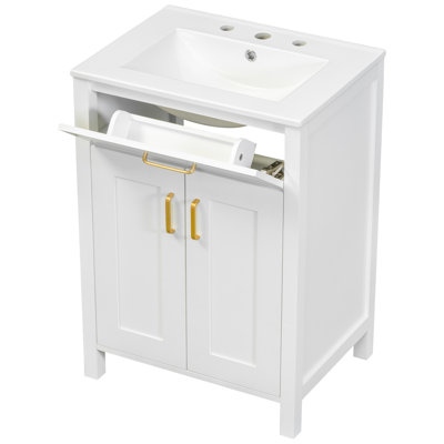 Meuble-lavabo 24 po avec lavabo en céramique de style compact. L 24,2 po x P 18,5 po x H 34 po. Fabrication en bois massif, détails. Accents dorés. Rangement double. Espace intérieur réglable. Mobilier moderne