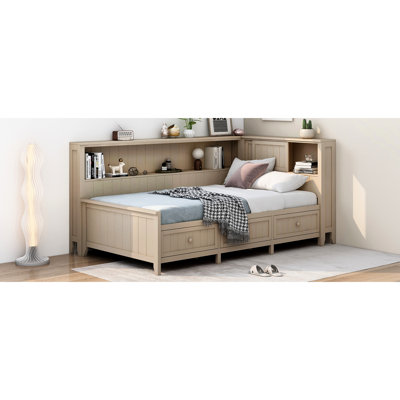 Lit de jour simple en bois avec espace de rangement, 3 tiroirs, blanc antique, solide, sans sommier blanc, bois massif, nécessaire
