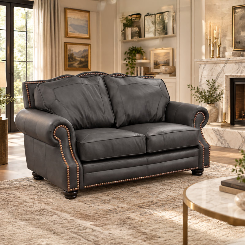 Causeuse à accoudoirs roulés en cuir véritable 74 po Stana, Cuir véritable gris anthracite Berkshire