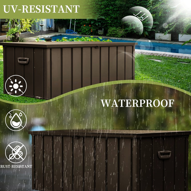 Coffre de rangement extérieur verrouillable pour terrasse - 100 gallons (378 litres), étanche, brun foncé, idéal pour les serviettes et les oreillers de piscine. Outils de patio inclus.