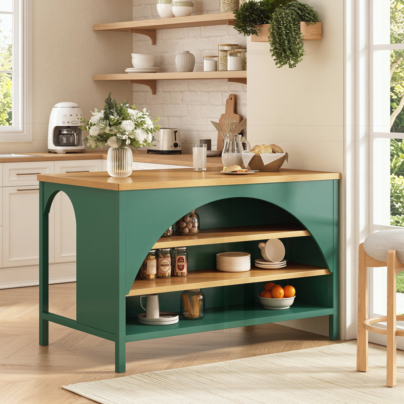 Îlot de cuisine avec rangement ouvert, desserte de cuisine en bois d'hévéa avec détail arqué, Vert