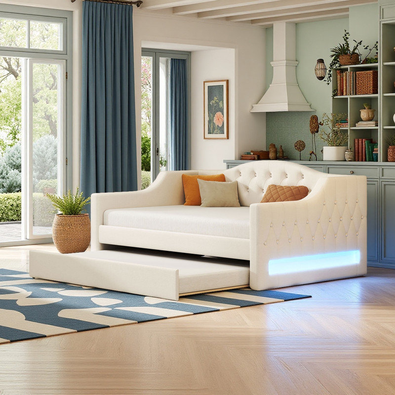 Lit de jour double très grand avec couchette et lumières DEL, Beige
