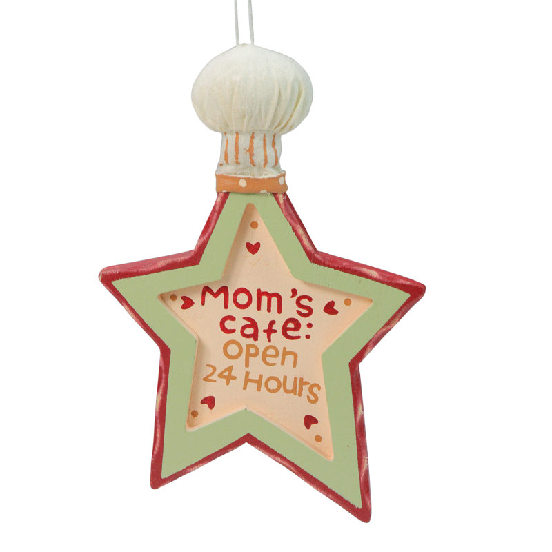 Ornement étoile de Noël 6 po «Mom's Cafe Open 24 Hours» rouge et vert