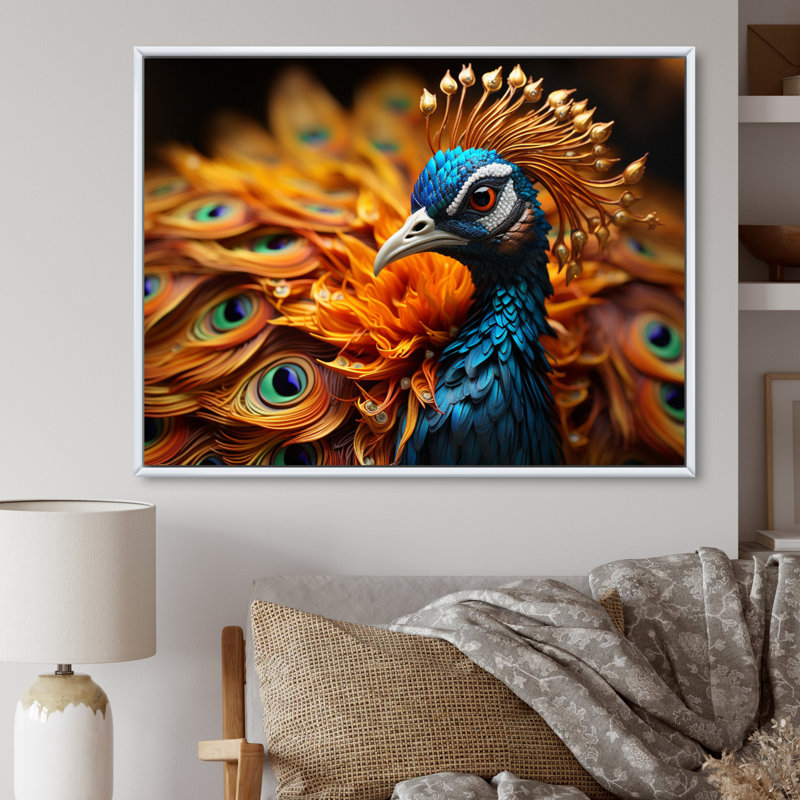 Gros plan sur un paon - animaux, impressions sur toile, H 24 po x l 32 po x P 1 po, Cadre flottant blanc