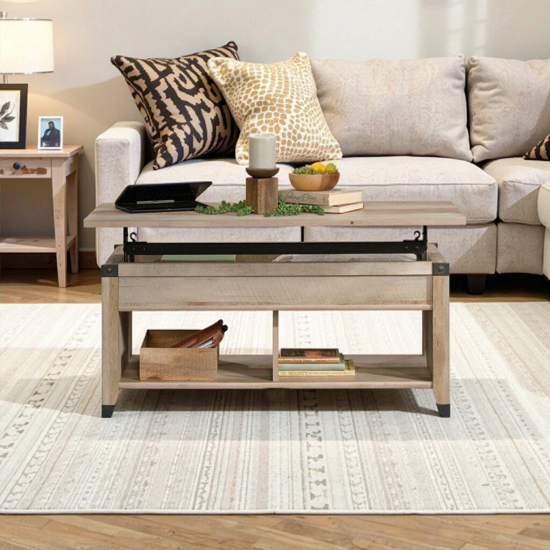 Table basse à plateau relevable brun avec rangement | Bois d'ingénierie et décorations en fer forgé