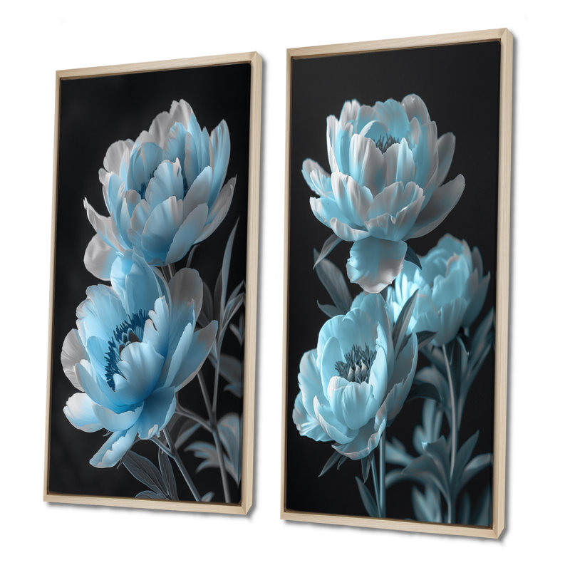 Ensemble de 2 pivoines monochromes bleues transparentes I - pivoines, H 28 po x l 24 po, Impression encadrée, Érable