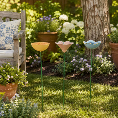 Decorative Metal Flower Garden Stakes Outdoor Accent For Garden Decor - Whimsical Yard Ornaments Art For Patio Display - Set Of 3, 24", Blue & Yellow
