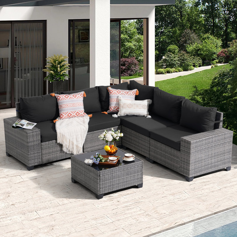 Ensemble de mobilier de jardin en rotin pour 5 personnes avec coussins, Non, Noir