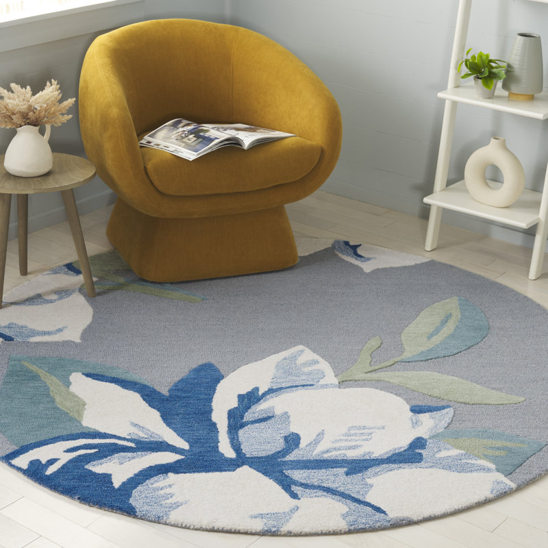 Jardin 403 Hand Tufted Wool/Cotton Floral Rug in Gray/Ivory, Round 6'