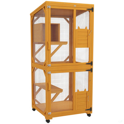 Pawhut Large Cat House With High-Up Resting Box, 71" Wooden Catio With Asphalt Roof, Indoor & Outdoor Cat Enclosure On Wheels, For 1-3 Cats, Orange