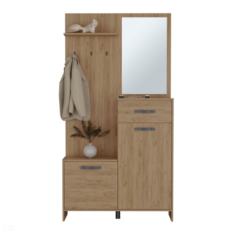 Hall Tree with Multifunctional Storage, 1-Mirror, and Adjustable Legs for Versatile Home Organization, Light Oak