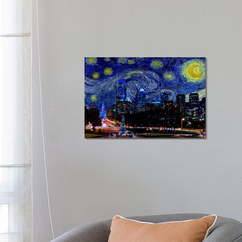 Philadelphia, Pennsylvania Starry Night Skyline - impression d'art graphique, Toile tendue, Aucun mat