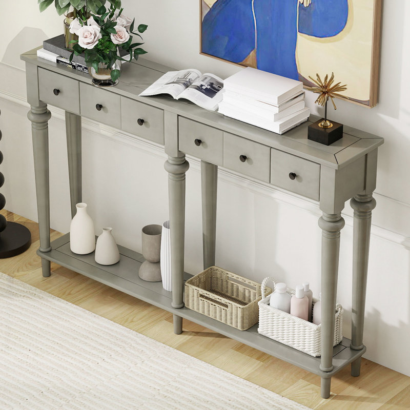 Console grise avec 4 tiroirs et tablette ouverte, style rétro, table de couloir rétro en bois de pin, lavabo, tiroirs, placage, conception stable