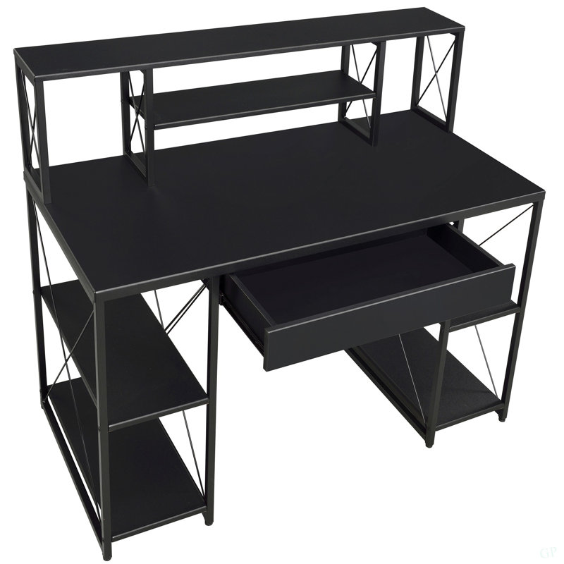 Bureau noir avec tablettes ouvertes et huche, Noir