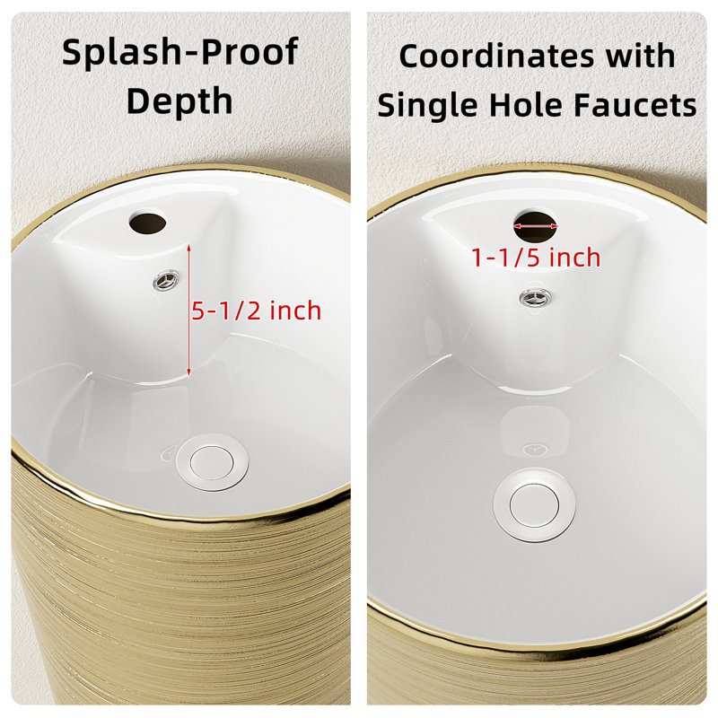 Contemporary 33＂Tall Circular Pedestal Sink, One-Piece Vitreous China Modern Pedestal Sink With Overflow For Bathroom, Gold