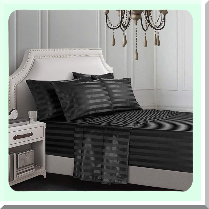 King size Luxury Stripe Bedding Set - Deep Pocket Italian Style Sheets with Envelope Pillowcases - Stain-Resistant Wrinkle Free - Black - 6 Piece