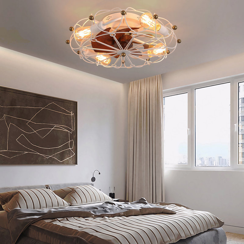 Ventilateur de plafond en cage à profil bas avec télécommande et lumières, ventilateur industriel intégré moderne, Blanc