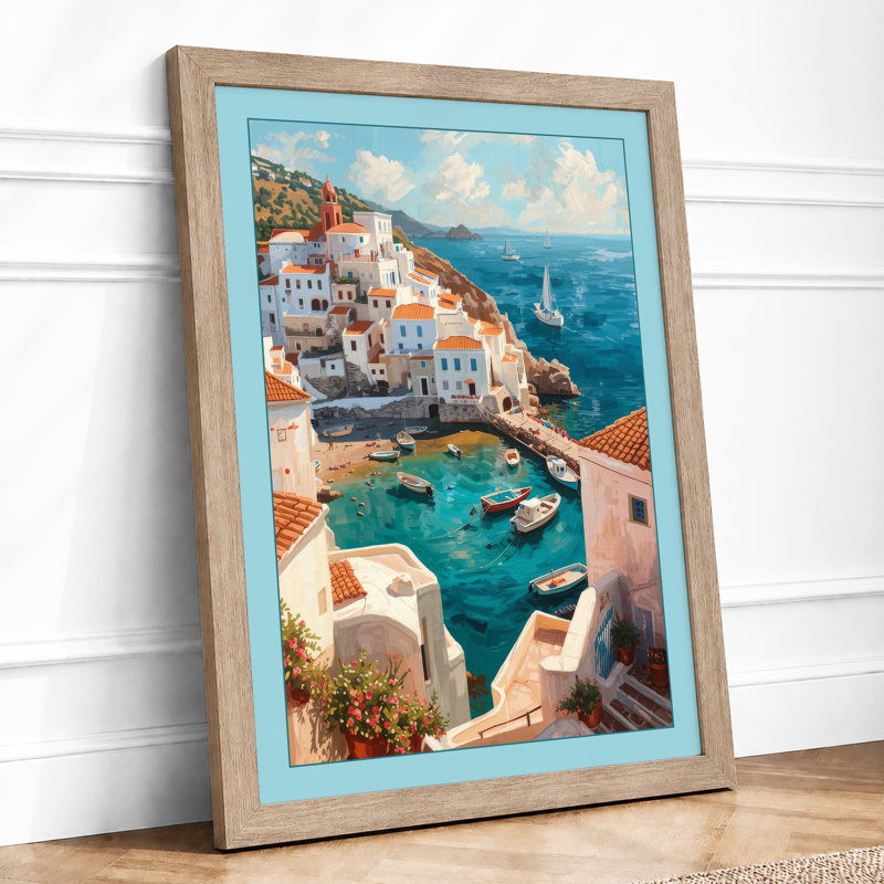Mediterranean Clifftop Village Coastal - Framed Print, A1 - 84.1 x 59.4 cm, Oak