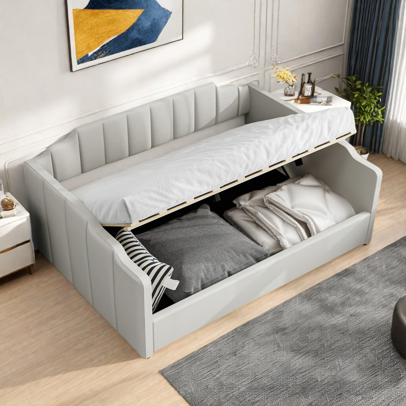 Lit de jour moderne rembourré avec plateau de rangement en dessous et motif à rayures verticales, Beige, Lit simple