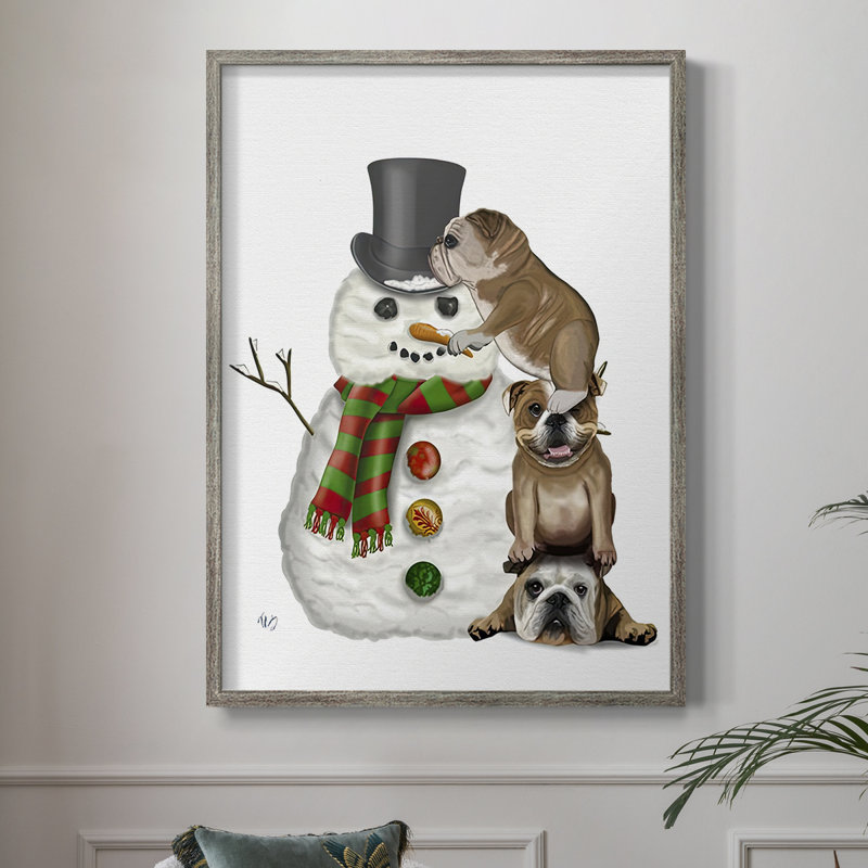 «Christmas English Bulldogs Building Snowman», reproduction encadrée - bois massif, H 21 po x l 17 po