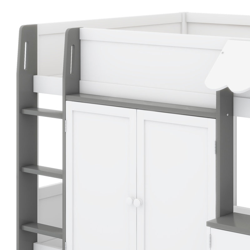 Lit Creative Cabin avec aire de jeu amusante et vaste espace d'organisation sous le lit, Blanc + gris