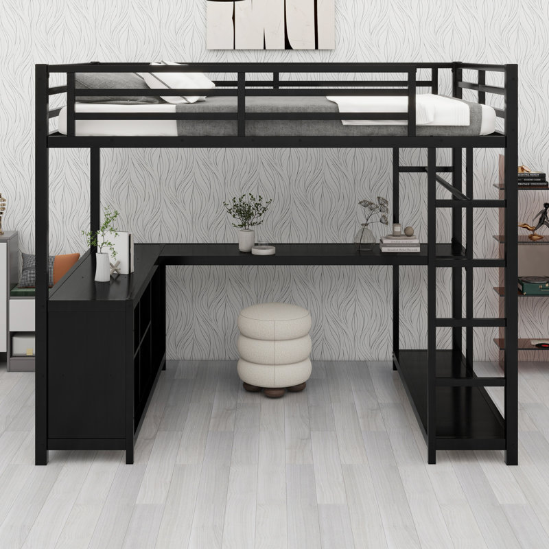 Lit mezzanine en métal avec cubes de rangement et tablettes, garde-robe et bureau en L