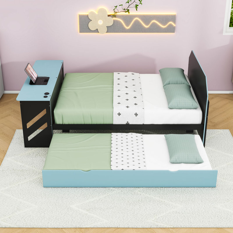 Wood Daybed with Trundle,Desk and USB, Cloud Blue