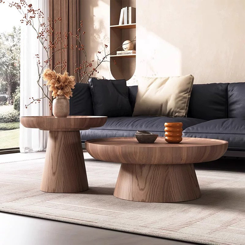 Nesting Round Coffee Table, Wood Cocktail Tables with Ash Side Table(Set of 2)