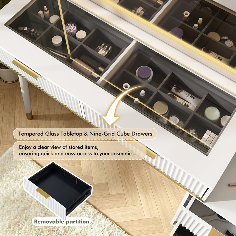 Dressing Table with LED Mirror and USB Charging Port, 5 Drawers, Storage Shelves and Glass Top