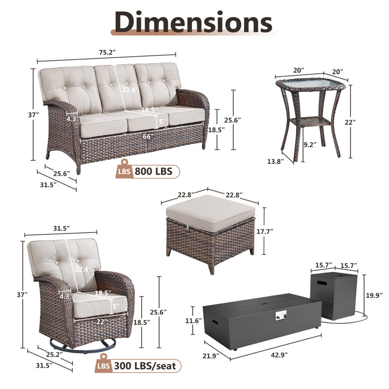 Ensemble de canapé d'extérieur en osier pour 5 à 7 personnes avec table de foyer et chaises pivotantes Agnes, Beige