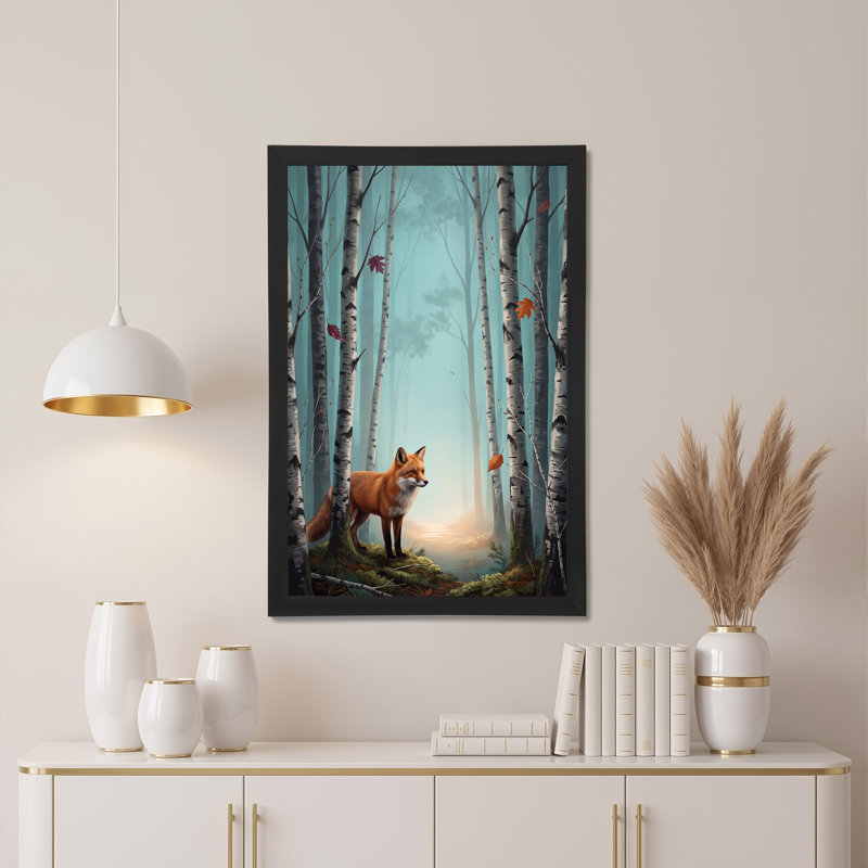«Red Fox in Teal Misty Birch Trees with Orange Leaves», art mural sur toile, 24"H x 16"W