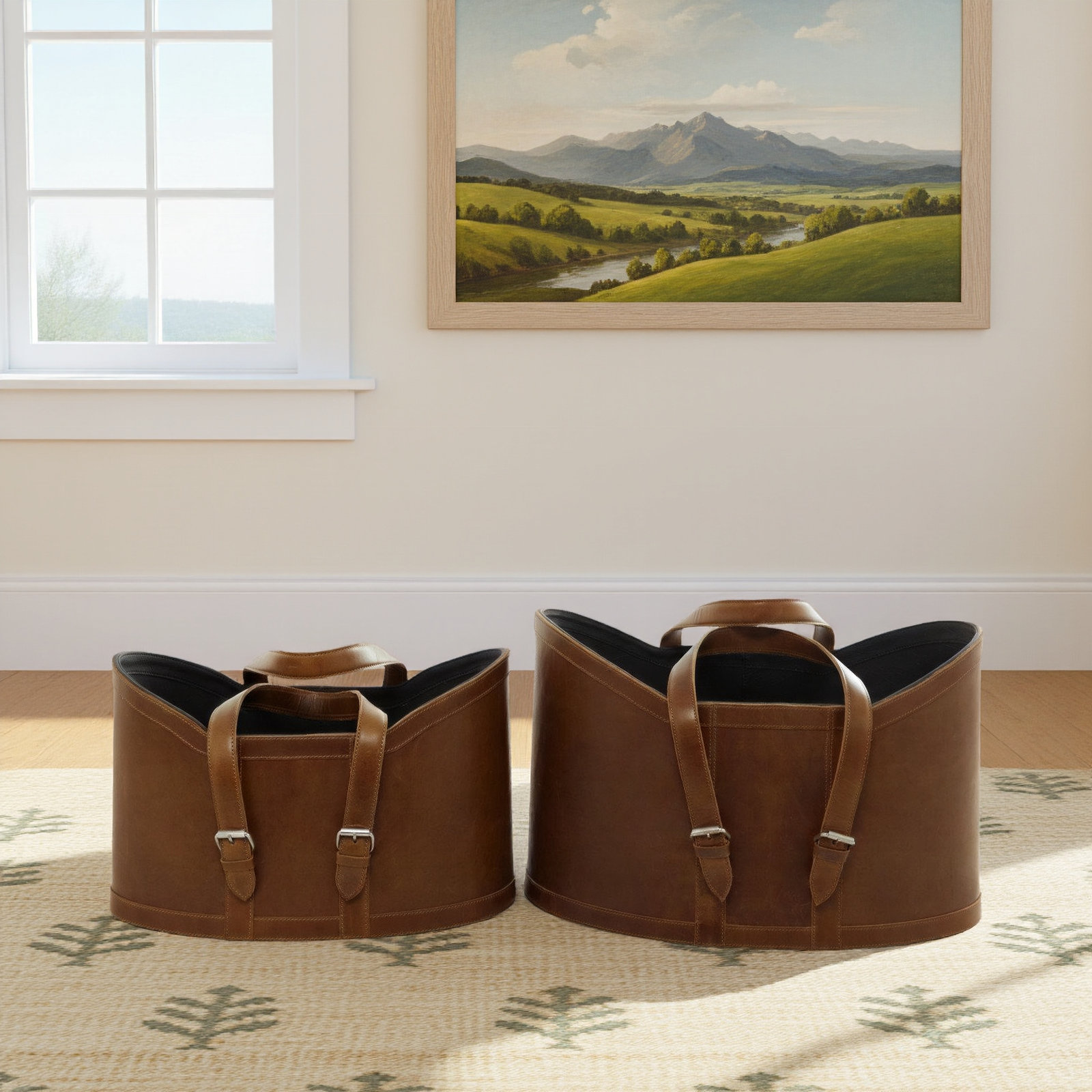 2 Piece Leather Basket Set, Brown