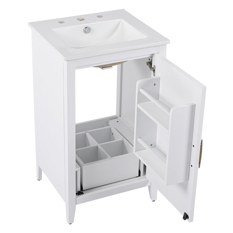 Meuble-lavabo de 20,3 po avec lavabo, tiroir fonctionnel, tablette de porte, porte à fermeture douce, blanc, Blanc