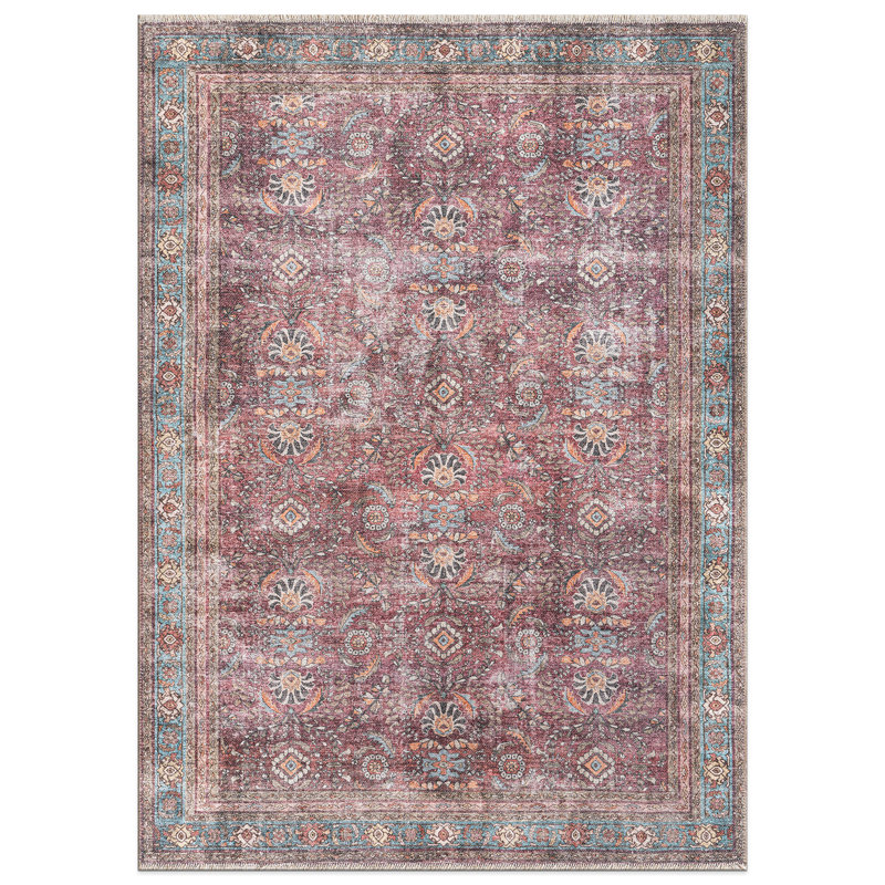Distressed Vintage Bordered Machine Washable Area Rug, Rectangle 10' x 14'