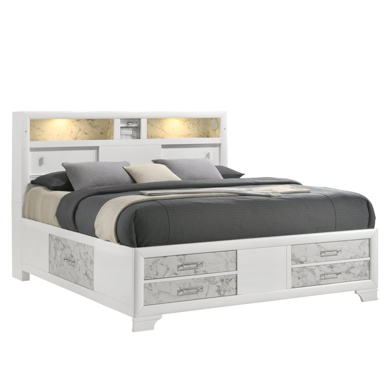 Lit double Soul de style moderne en bois et tiroirs en blanc