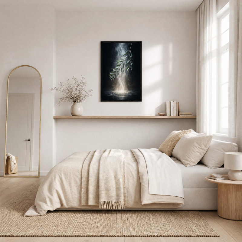 "Green Olive Branch" avec gouttelettes d'eau, art mural, H 18 po x l 12 po