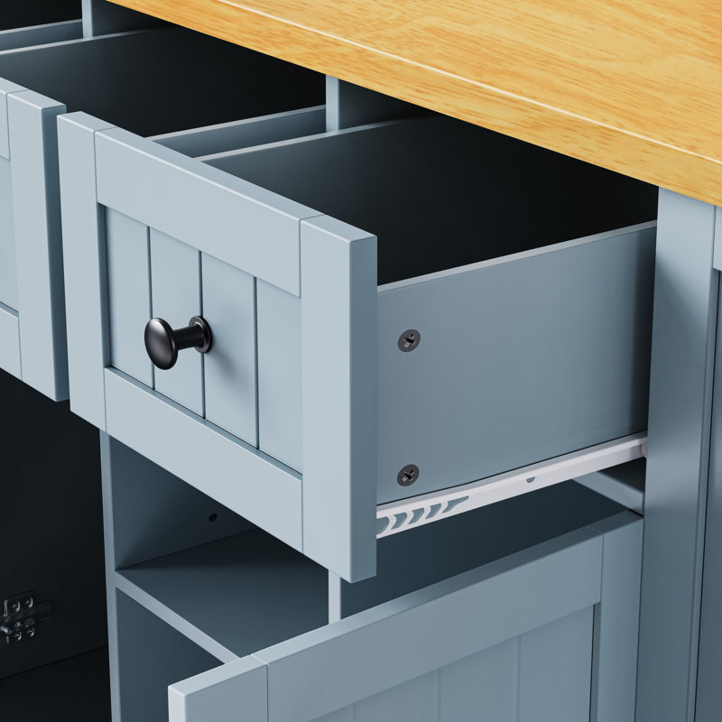 Kitchen Island On Wheels Drop Leaf And Power Outlet, Gray Blue