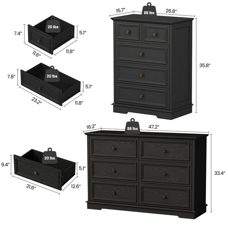 Vintage 3-Piece Bedroom Set: Fluted 6-Drawer Double Dresser and Two 5-Drawer Tall Chests (Set of 3), Black