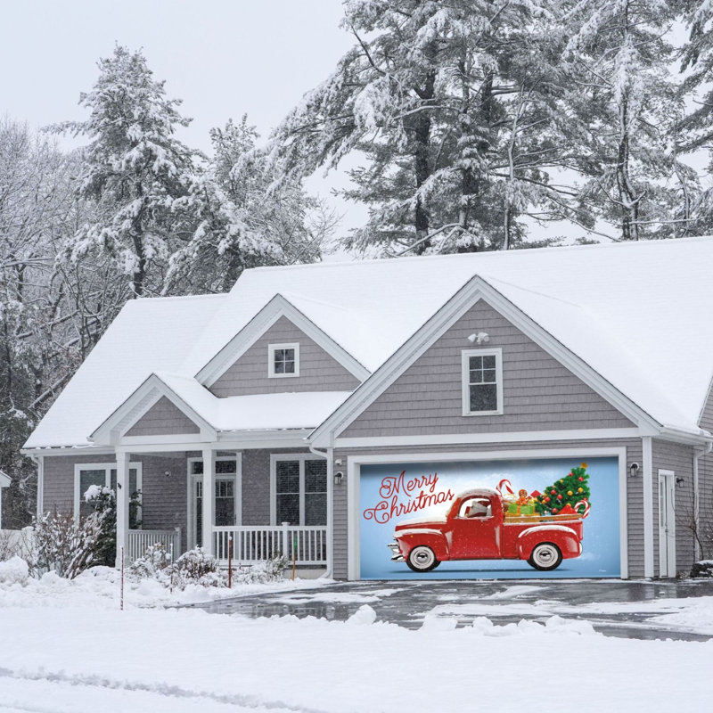 Bannière de porte de garage rétro vintage rouge en forme de camion et arbre 7 pi x 16 pi - Décorations des Fêtes pour l'extérieur
