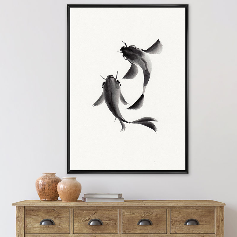 " Monochrome Vintage Fish II " Painting Print, Black Framed Canvas, 32" H x 16" W x 1" D