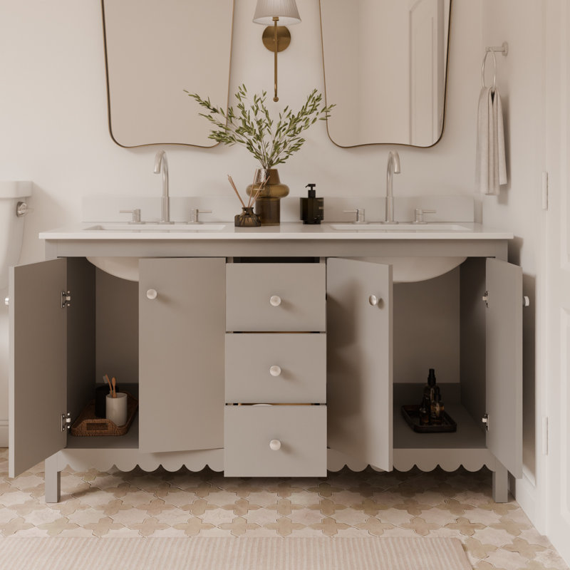 Meuble-lavabo à double cuve festonné 60 po - gris clair - avec plateau - boutons en nickel brossé, Blanc / nickel brossé