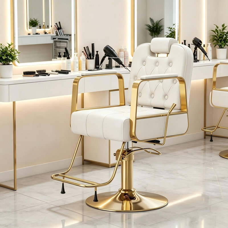 Fauteuil de coiffeur hydraulique à hauteur réglable, fauteuil de salon pivotant, blanc, Beige