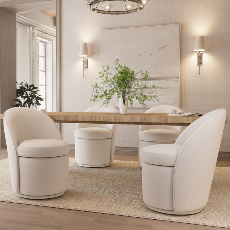 Upholstered Barrel Dining Chairs, Boucle Fabric Swivel Kitchen Chairs, Wingback Side Chairs, Armless Vanity Chairs, Beige