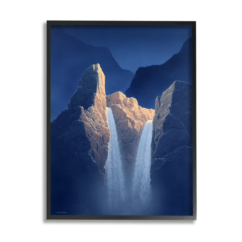 «Two Waterfalls Nighttime Peaks» par Richard Courtney - impression, Giclée encadrée noir minuit, H 14 po x l 11 po x P 1,5 po