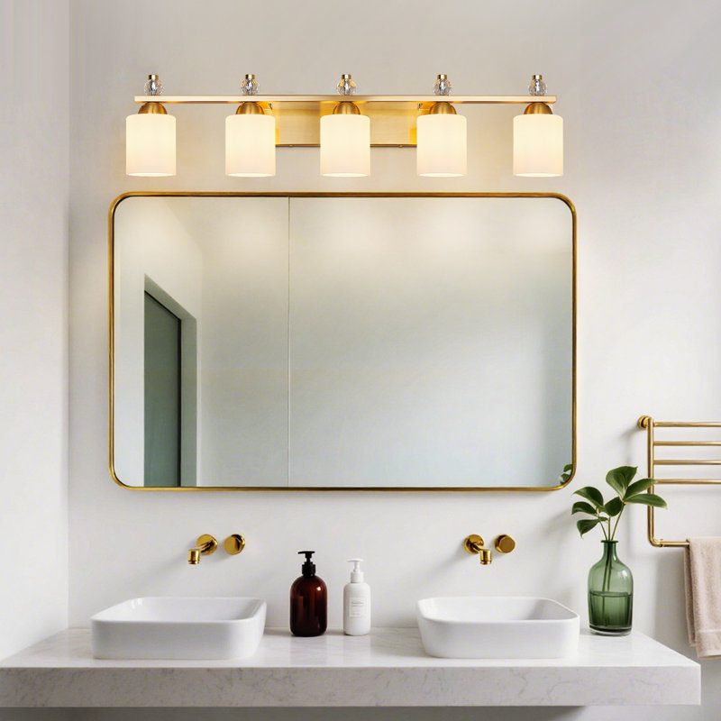 Luminaires de meuble-lavabo en verre blanc Mid-Century E26, Doré, 5 lumières