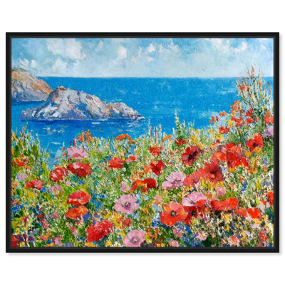 «Sea and the Poppies Water Flowers Landscape Modern Blue», impression sur toile encadrée